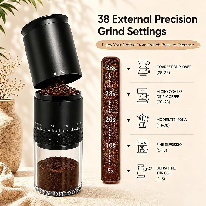 Portable Electric Coffee Grinder,Stainless Steel Conical Mill, USB-C Cordless Coffee Bean Grinder, 38 Adjustable Grind Settings for Espresso, Pour Over, French Press, Camping & Travel, 2000mAh Battery
