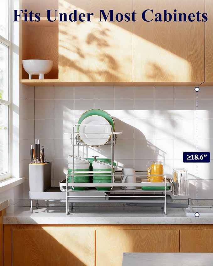 Kitsure Extendable Dish Drying Rack, 19.2"-26.7" L x 12.9" W, 2-Tier | Large Dish Rack, Multifunctional Dish Rack for Kitchen Counter, Anti-Rust Dish Drainers with Cutlery & Cup Holders,Grey