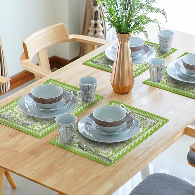 Green Floral Placemats Set of 4 Chinoiserie Boho Flowers Linen Fabric Rectangle Table Mat 12x18 Inch Washable Heat Resistant Outdoor Seasonal for Kitchen and Dining Table Decor