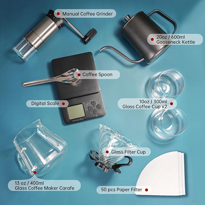 Pour Over Coffee Maker Set Includes Coffee Scale & Manual Coffee Grinder | Complete Pour Over Drip Coffee Set, Glass Coffee Carafe and V60 Drip Coffee Filter, Ideal Coffee Set for Birthday Gift