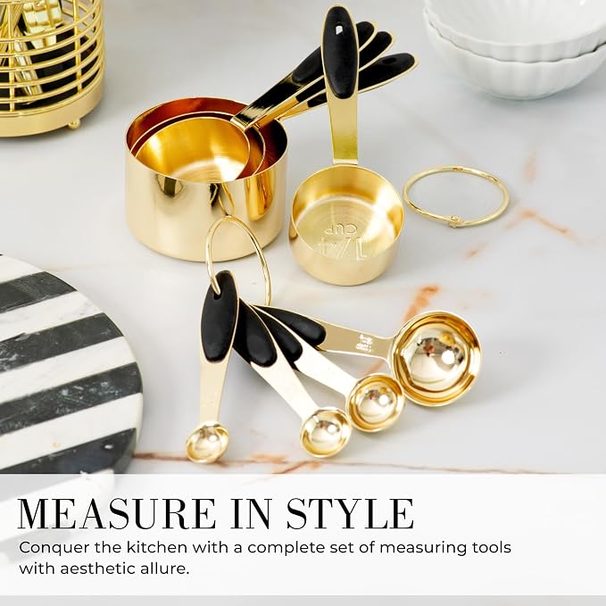 Styled Settings Black and Gold Measuring Cups and Spoons Set, 8-Piece | Stainless Steel, 8-Piece Brass Measuring Set with Beige Silicone, Stackable, Black and Gold Kitchen Accessories