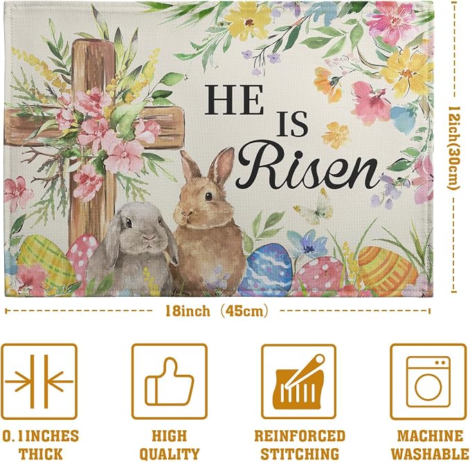 He is Risen Easter Placemats Set of 4 12x18 Inch Bunny Floral Cross Table Mats Spring Rabbit Flowers Eggs Place Mat for Dining Table Party Kitchen Decoration