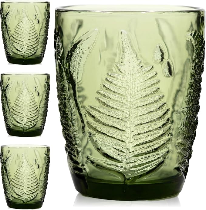Green Drinking Glasses Set of 4, 10 oz Glass Cups, Vintage Fern Glassware | Hand-Pressed, Dishwasher Safe, Boho Leaf-Textured Drinkware, Embossed Lowball Tumblers for Water, Retro Kitchen Gift