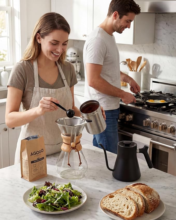 AGOGO Pour Over Coffee Maker Set, 40oz Classic Style, 304 Stainless Filter | Barista kit for home kitchen, Cafe, Camping & Office; 20oz-40oz Classic, Slim, Diamond styles; Includes brush & towel.