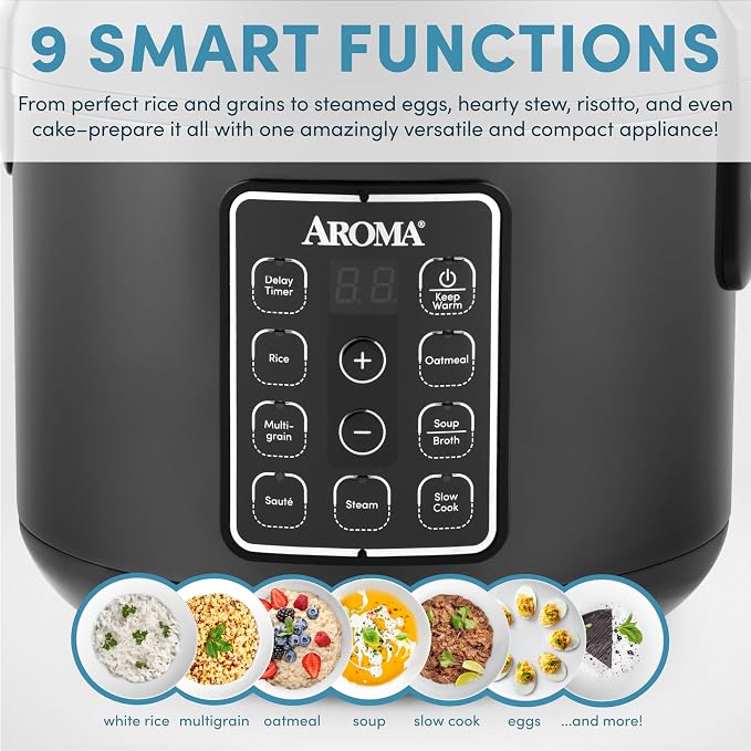 AROMA® Digital Rice Cooker, Multicooker, 6-Cup (Uncooked) / 12-Cup (Cooked), Steamer, Slow Cooker, Oatmeal Cooker, Grain Cooker, Auto Keep Warm, 3 Qt, Black, ARC-966BD