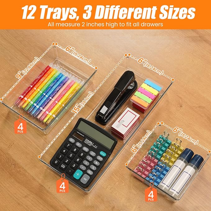 12 Pack Clear Plastic Drawer Organizer Set, Acrylic Non Slip Non Cracking Kitchen Drawer Storage Tray Large Size Divider, Multifunctional Storage for Cosmetics, Bathroom, Tools, Kitchen and Office