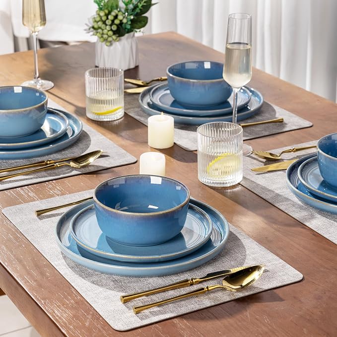 GBHOME Dinnerware Sets for 4, 12 Pieces Ceramic Plates and Bowls Set | Scratch Resistant Stoneware Dishes Set, Dishwasher & Microwave Safe, Reactive Glaze-Alaskan Blue