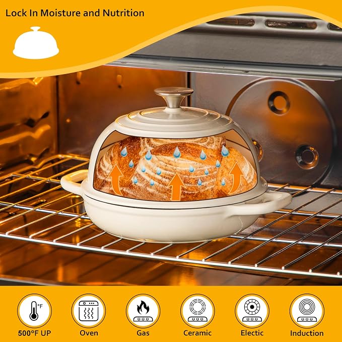 Velaze 5 QT Enameled Cast Iron Dutch Oven for Bread Baking with Dome Lid | Traps Steam for Crispy Artisan Sourdough Bread,Oven Safe,Ergonomic Handles,Gift for Bakers and Bakery Style Loaves,White