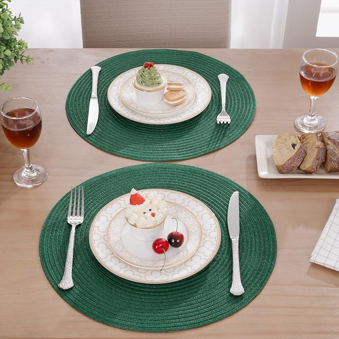 SHACOS Dark Green Round Placemats Set of 6 Cotton Polyester Braided 15 inch Washable Kitchen Dining Table Place Mats Christmas Table Mats for Home Wedding Party Decor