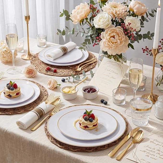 KIRE 350 PCS White and Gold Plates - Plastic Dinnerware Set for Wedding | Include 100PCS White Plastic Plates With Gold Rim, 50PCSPre Rolled Napkins with Silverware & 50PCS Cups for Party