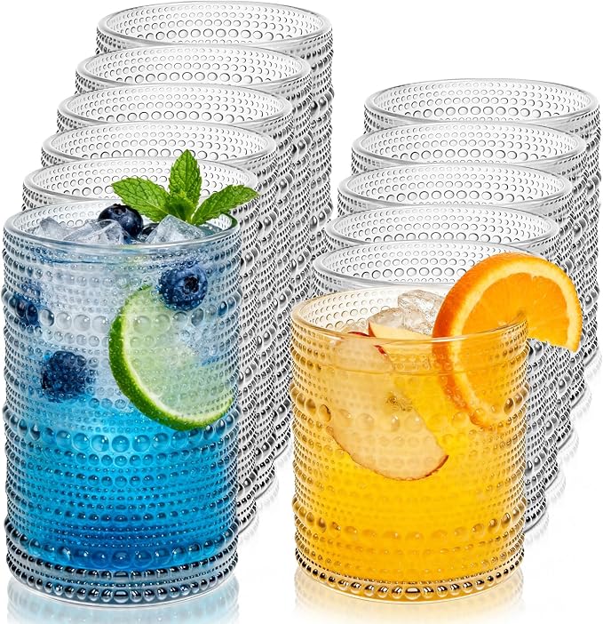 Vintage Hobnail Drinking Glasses Set of 12, 12 Oz Highball Glasses and 10 Oz Cocktail Glasses, Kitchen Glassware Set, Clear Drinking Glass Cups for Cocktail, Whiskey, Beer, Juice, Water, Milk