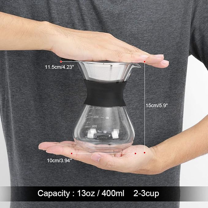 Joyzan Pour Over Coffee Maker, High-Heat Paperless Glass Drip Dripper 400ML | Brewer Carafe with Reusable Stainless Steel Filter Scale Line Paperless Removable Portable Pot Set Clear Camping Hiking