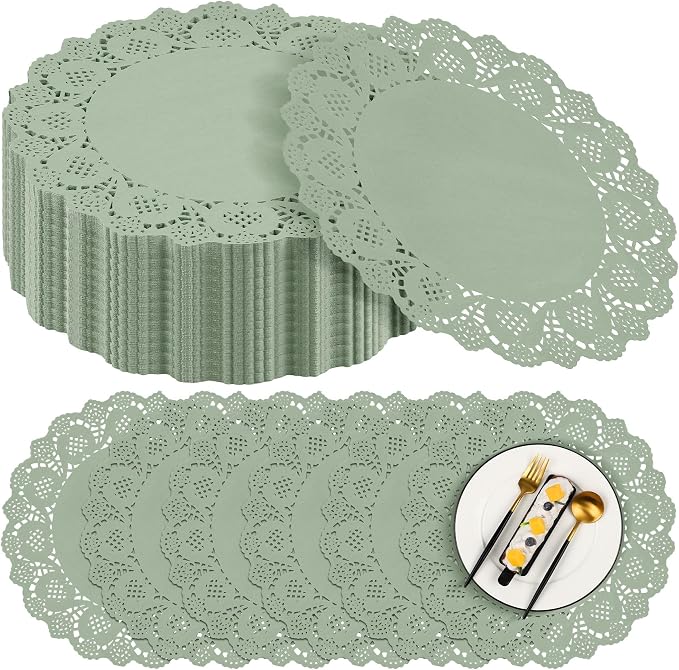 MCEAST 300 Pack Round Sage Green Paper Doilies 13.5 Inches Lace Paper Place Mats Rustic Scallop Doily Disposable Table Pads for Food Cakes Crafts Party Weddings Tableware Decor