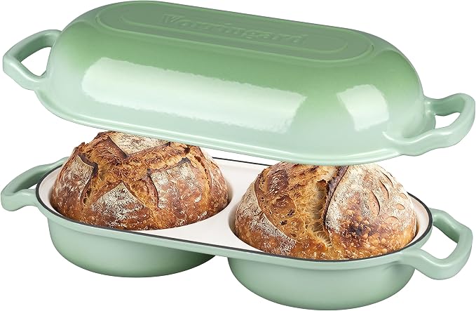 Enameled Cast Iron Double Dutch Oven with Lid, Dual Round Loaf Pan, Bread pan for Homemade Sourdough Bread Baking, Green