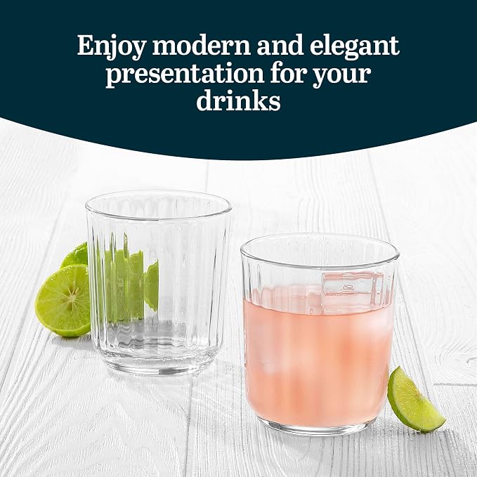Libbey Paneled Double Old Fashioned Glasses, 11.2 Oz Fine Ribbed Line Whiskey Drinking Glasses, Dishwasher Safe Rocks Glass Set for Spirits, Cocktails