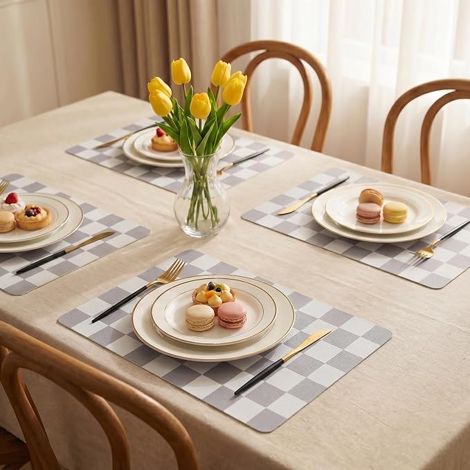 Set of 6 Checkerboard Non-Slip Washable Placemats for Dining Table | Waterproof & Heat-Resistant Faux Leather Mats | Easy Wipe Clean Tablemats for Indoor Dining, 17’’×12’’, Grey
