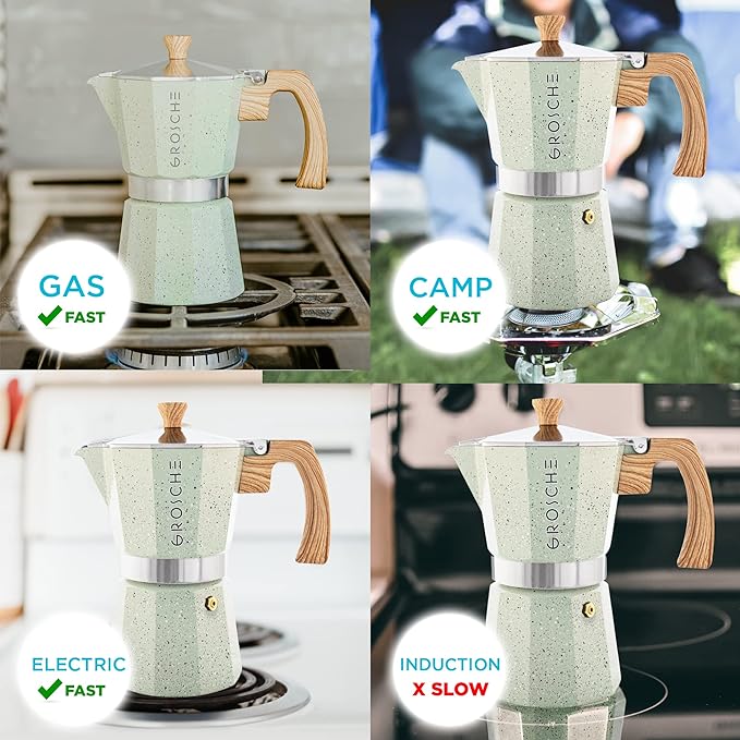 GROSCHE Milano Moka pot, Stovetop Espresso maker, Greca Coffee Maker, Stovetop coffee maker and espresso maker percolator (Mint, 9 cup) | Cuban Coffee Maker And Italian Moka Pot For Stovetop Espresso; For Gas, Electric, And Propane Stoves With A Soft-T...