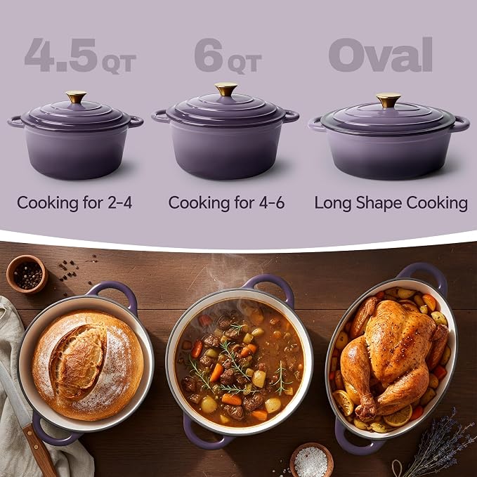 Vintage Style 4.5 Quart Dutch Oven Pot with Lid, Non Stick Enameled Cast Iron Dutch Oven for Bread Baking, Heavy-Duty, Oven Safe Ceramic Cookware Up to 500°F for Baking, Braising, Stews, Roasting, Purple