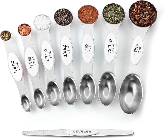 Spring Chef Stainless Steel 8 Magnetic Measuring Spoons for Kitchen, White | Dual Sided Metal Teaspoon & Tablespoon Measuring Spoons w/ Leveler for Dry & Liquid Ingredients, Nesting, Fits in Spice Jars