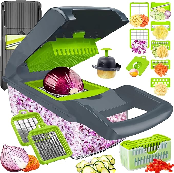 Vegetable Chopper Dicer with Container | Cheese Grater Mandoline Slicer Cabbage Shredder French Fry Cutter Stainless Steel for Veggie Onion Potato Fruit Food, Manual Hand Cooking Gadget for Kitchen | Pro-Series Veggie Cutter with Container for Food Oni...