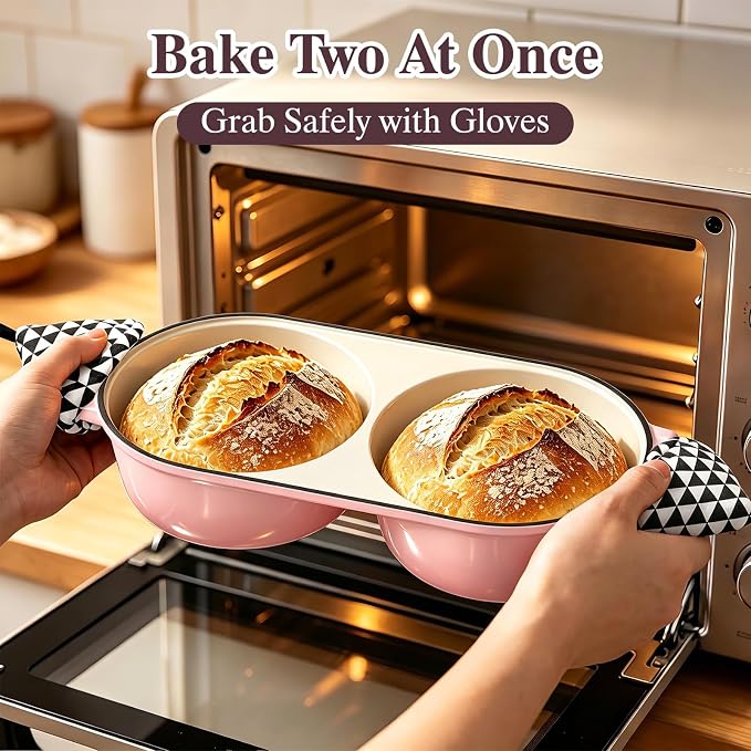 Umite Chef Dutch Oven for Sourdough Bread Baking – Enamelled Cast Iron Bread Loaf Pot – 500°F Oven Safe– Double Round Loaf Space, 16.5“ Diameter, 5" Banneton Proofing Baskets & Cotton Potholders(Pink)