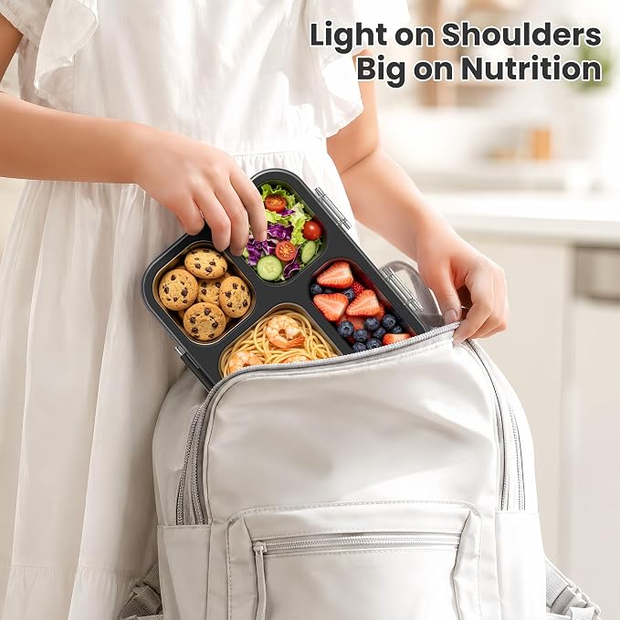 HOMEKOL Stainless Steel Bento Lunch Box, 4 Cups, Black | 4-Compartment Leak-Proof Metal Lunch Container for Kids & Adults, BPA/BPS-Free, Dishwasher Safe, Clear Lid, (Not Insulated)