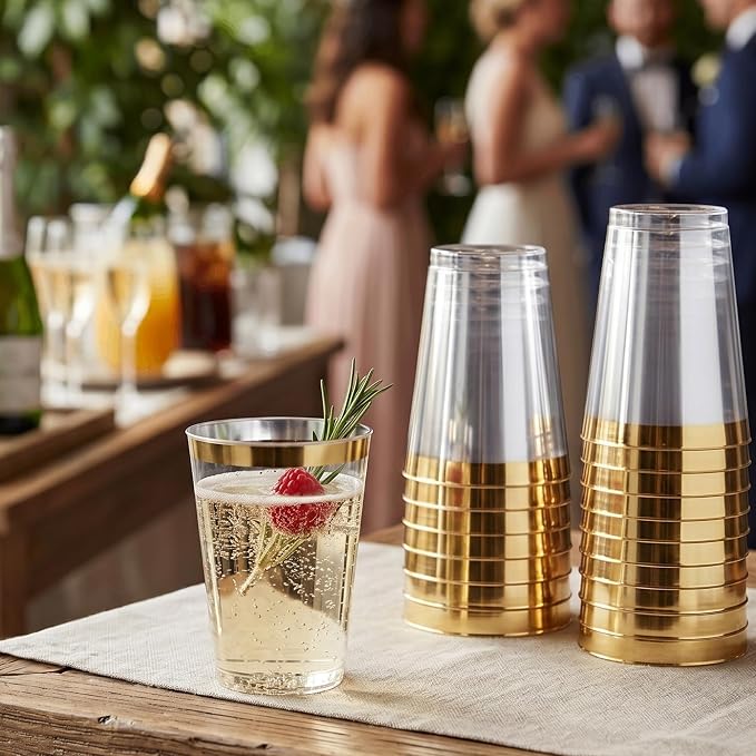 Byvivace 12OZ Plastic Cups with Gold Rimmed Sturdy & Food Safe Disposable Wine Glasses Weeding Party Cups Disposable Drinking Cups Plastic Cocktail Glasses for Wine, Juice & Cold Beverages [200 Pack]