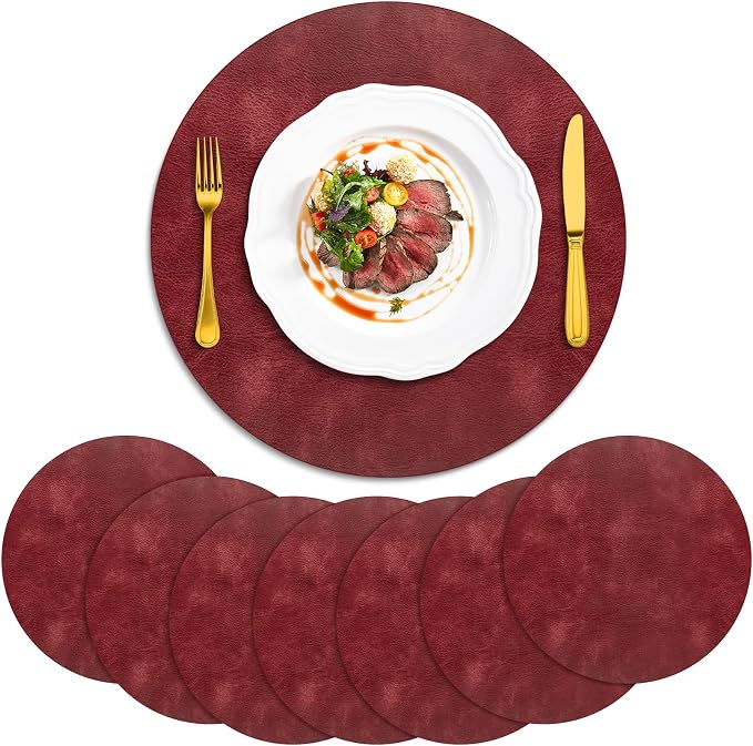ADRIMER Placemats, Heat Resistant Round Placemats Set of 8 Washable, Waterproof Table Mats, Wipeable Faux Leather Place Mats for Kitchen, Dining Room, Wine Red