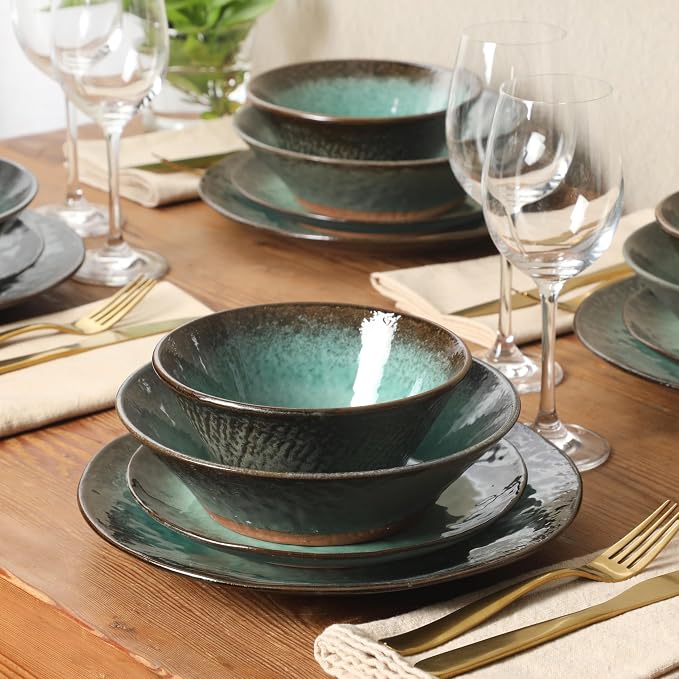 Gibson Elite Green Lantern Service for 4 (16 Piece) Double Bowl Dinnerware Set, Teal, Soft Gray, Dinnerware Set