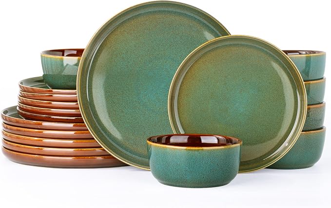 GBHOME Dinnerware Sets for 4, 12 Pieces Ceramic Plates and Bowls Set | Scratch Resistant Stoneware Dishes Set, Dishwasher & Microwave Safe, Reactive Glaze-Brown Green