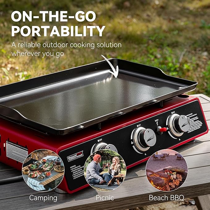 Royal Gourmet PD1301R 3-Burner Tabletop Propane Gas Griddle with Cover | 24 Inch Portable Griddle, Red | 25,500 BTUs Output, 319 sq. in. cooking area | for Outdoor Cooking, Camping or Tailgating