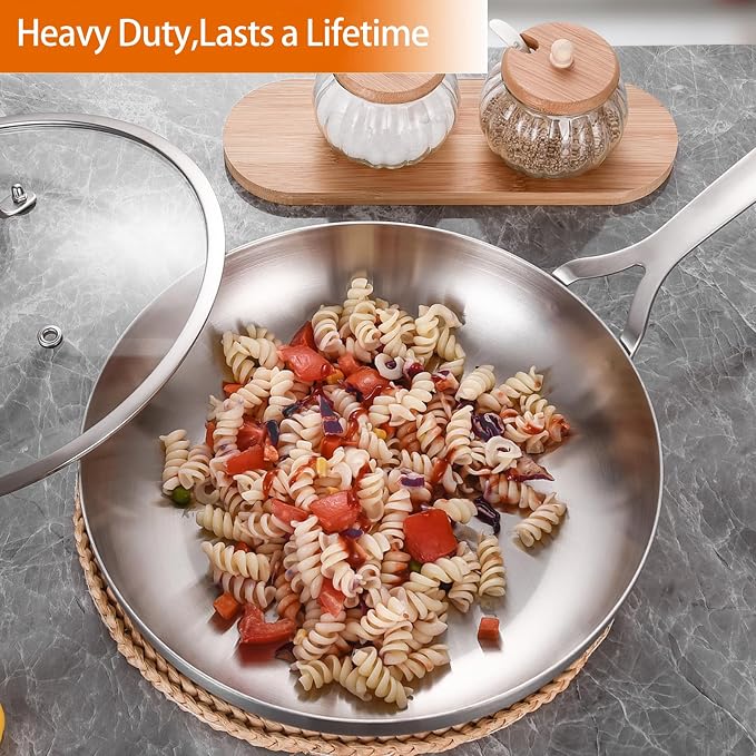 DELARLO Tri-Ply Stainless Steel Frying Pan 10" With Lid Kitchen Skillet | Stainless Steel Pan Cooking Heat fast and evenly Compatible with All Cooktops Dishwasher and Oven Safe