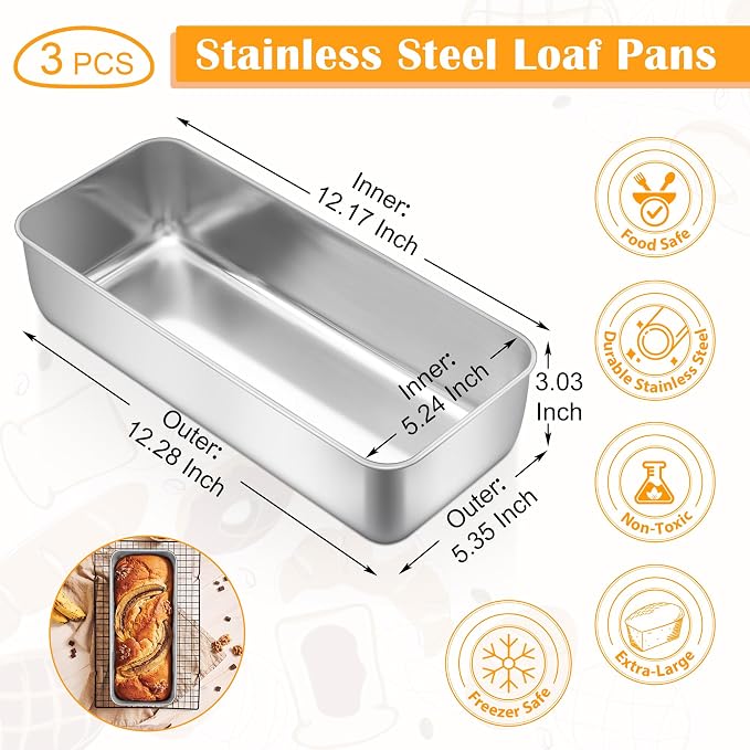 E-far Loaf Pan for Bread Baking-3 Pack, 12” x 5” Stainless Steel Loaf Pans | Large Long Metal Baking Tins for Homemade Bread, Banana Cake Meatloaf Sourdough Lasagna, Nontoxic & Dishwasher Safe