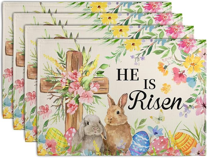 He is Risen Easter Placemats Set of 4 12x18 Inch Bunny Floral Cross Table Mats Spring Rabbit Flowers Eggs Place Mat for Dining Table Party Kitchen Decoration