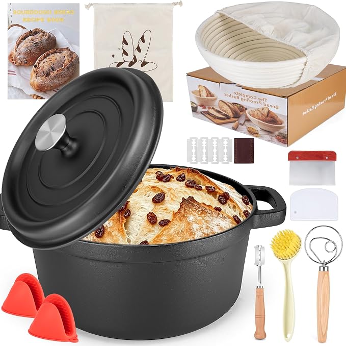 Dutch Oven for Bread Baking 5QT Cast Iron Sourdough Dutch Oven Pot with lid | Banneton Bread Proofing Basket, Mitts & Baking Supplies, Sourdough Starter Kit for Bread Making Frying Braising Camping