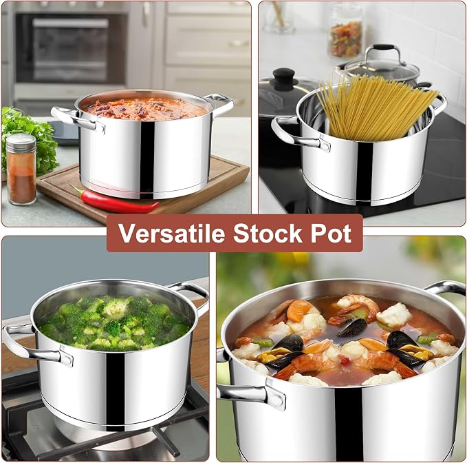 E-far Stainless Steel Stock Pot, 8 Quart Tri-ply Base Cooking Pot with Glass Lid, Induction Soup Pot Compatible with All Stoves, Nontoxic & Thick Bottom, Oven & Dishwasher Safe
