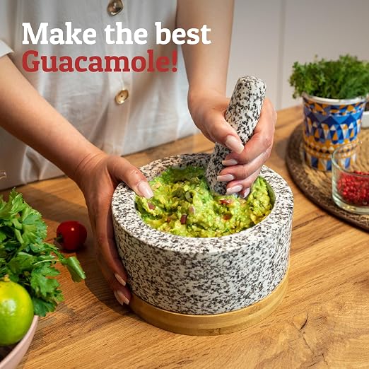PriorityChef Heavy Duty Mortar and Pestle Set with Bamboo Base, 100% Natural Granite Stone Grinder, Guacamole Bowl and Masher, 4 Cups, White