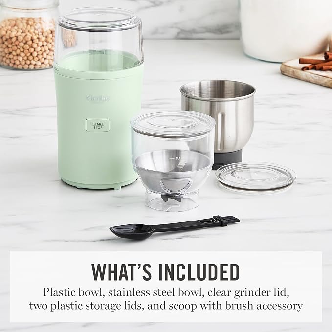 Martha Stewart Electric Coffee & Spice Grinder with Dual Bowls, Honeydew | Dual 2.5oz Removable Bowls for Coffee Beans, Nuts, Herbs & Spices, Stainless Steel Blade, One-Touch Pulse Control, Easy Clean