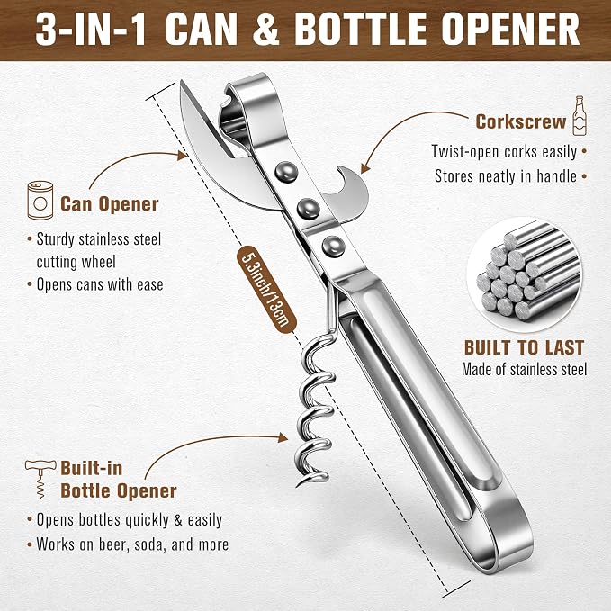 2 Pack 3 in 1 Can Openers, Vintage Can Opener with Dual Sided Blade, Left & Right Hand Friendly, Heavy Duty Stainless Steel Old Fashioned CanOpener, One for Kitchen, One for Camping