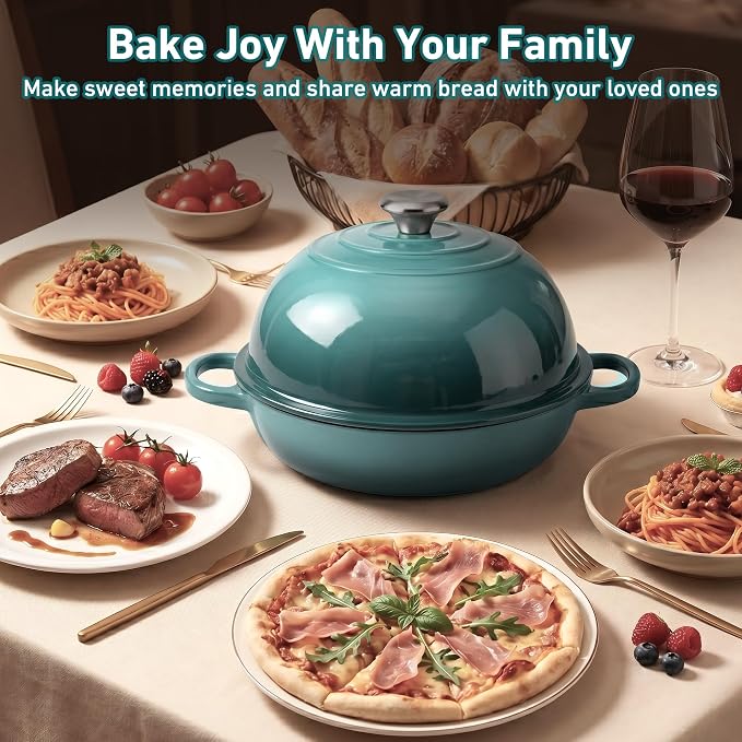 Enameled Bread Oven with Lid, 6 Quart Cast Iron Dutch Oven for Sourdough Baking, Round Heavy Duty Cast Iron Pot with Dome Lid, Seasalt