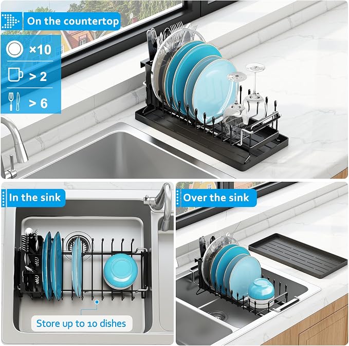 ANTOPY Sink Dish Drying Rack - Expandable Small Dish Rack Over Sinks with Silicone Drying Tray, Dish Drainer for Kitchen Counter with Cutlery Holder, Drying Rack Fit for 14’’-19’’ Kitchen Sink