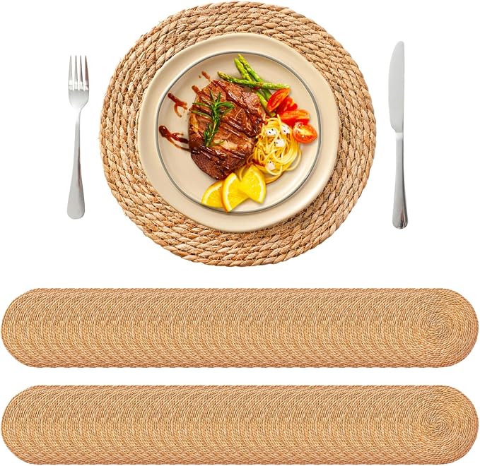 13.8'' Round Woven Placemats Set of 60, Boho Wicker Chargers, Terrekraft | Handmade from Natural Water Hyacinth, Heat-resistant & Non-slip Rattan Chargers, Rustic Farmhouse Decor, Party & Wedding Use