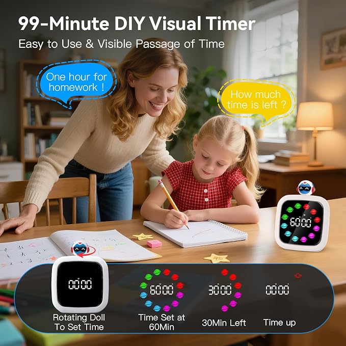 Digital Visual Timer for Kids, 99-Minute Countdown, Rechargeable | 19 Music Alarm, Pause Function, 9 Optional DIY Color Planet Display, Robot Doll, for Study, Homeschool, Kitchen