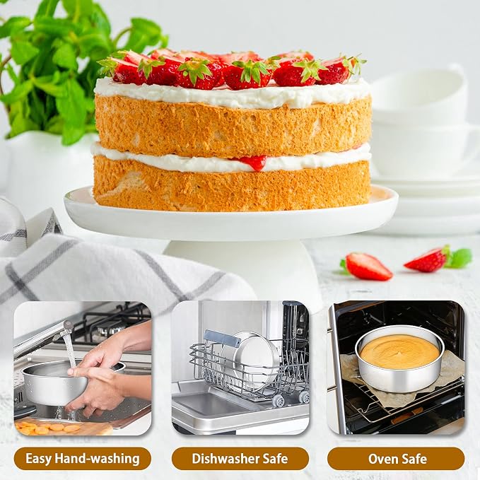 P&P CHEF 8 Inch Cake Pans Set, 3Pcs Stainless Steel Round Baking Pan | Round Layer Cake Tins for Birthday Wedding, Non Toxic & Heavy Duty, 3 Inch Deep Side & Mirror Finish, Oven & Dishwasher Safe