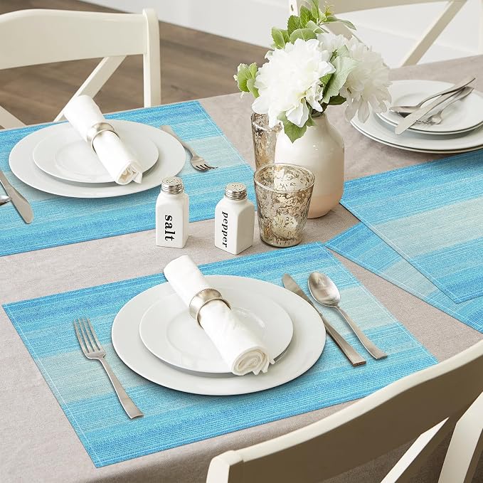 Blue Placemats Set of 12, 12x18 Inch Washable Easy to Clean Heat-Resistant Anti-Skid Table Mats for Holiday Party Kitchen Dining Room Decoration