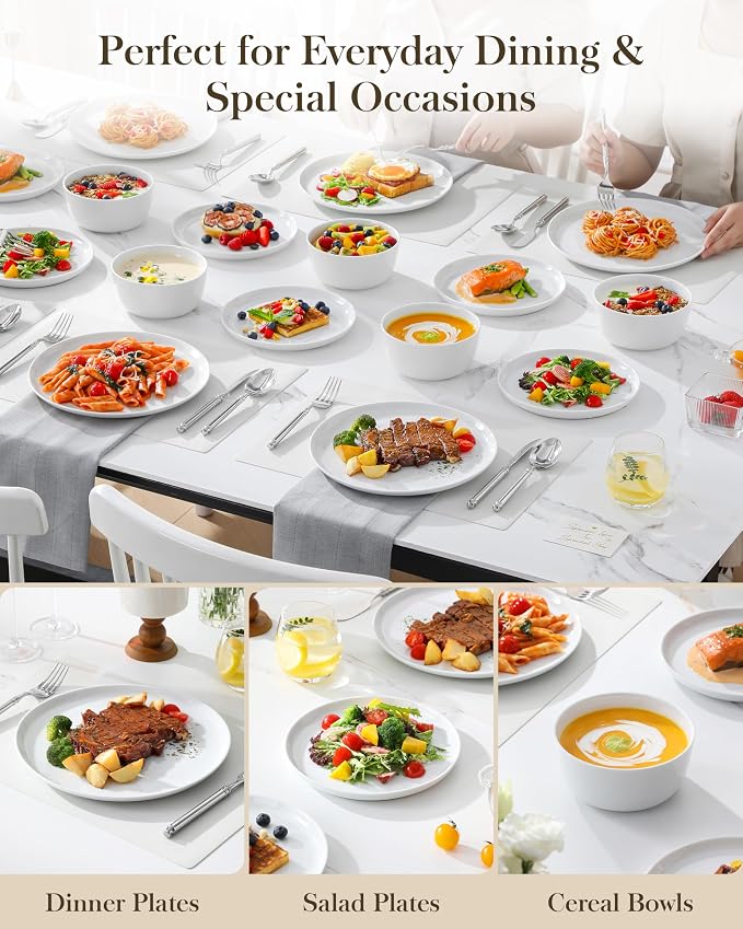 MALACASA 24-Piece Dinnerware Set for 8, White Porcelain Dishes | High-Fired Porcelain, Chip and Scratch Resistant, Microwave and Dishwasher Safe, Dinner, Salad Plates and Cereal Bowls