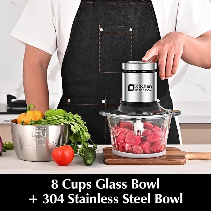Kitchen in the box Food Processors,Small Meat Grinder & Food Chopper Electric Vegetable Chopper with 2 Bowls (8 Cup+8 Cup)& 2 Bi-Level Blades for Meat/fish/Vegetable/Baby Food，Sliver