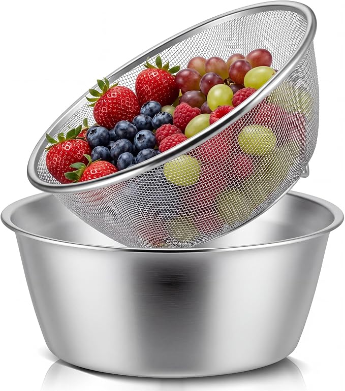 Mini Colander Food Strainer | Fine Mesh Colander with Bowl, 307 Stainless Steel, Strainer for Washing Fruits Vegetables Rice, Kitchen Cooking Prep
