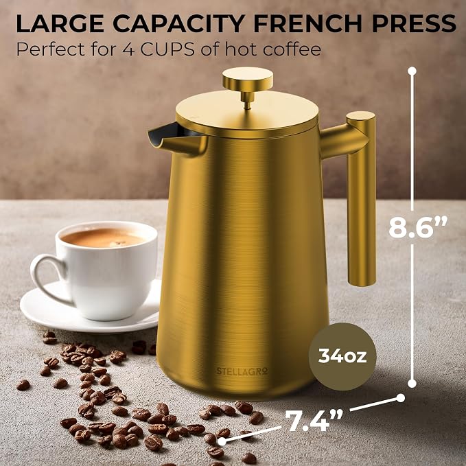 French Press Coffee Maker, Stainless Steel French Press 34 Oz / 1L, Double Wall Insulated Coffee Press with 3 Extra Mesh Filters, Metal Coffee Maker for Coffee & Tea, Satin Finish, Gold