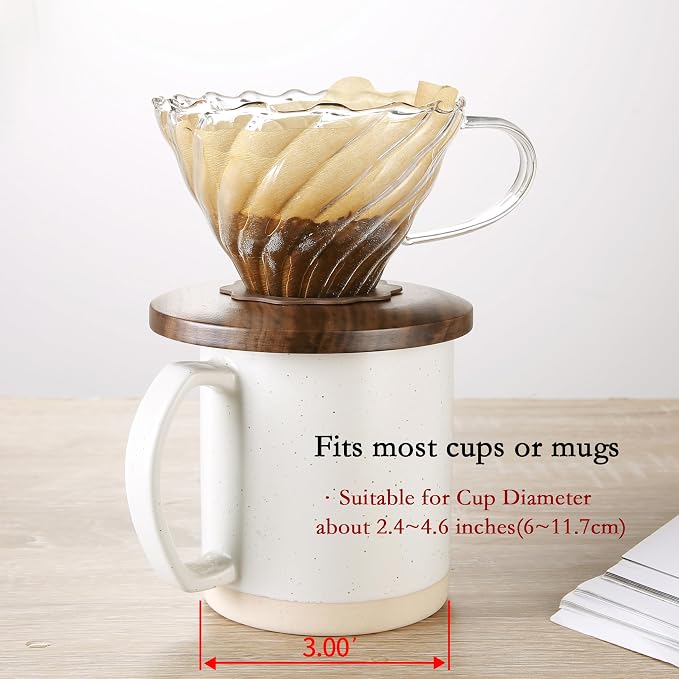 Lalord Pour Over Coffee Dripper, Borosilicate Glass with Walnut Collar, Includes 100 Size 02 Paper Filters, Drip Coffee Maker for 1-3 Cups, Clear